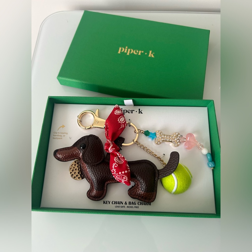 Brown dachshund Dog leather Keychain with Tennis Ball Charm